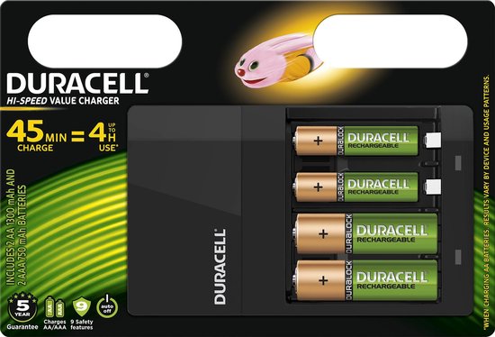 DURACELL CEF14 - Chargeur pour piles rechargeables AA/AAA - 2 piles AA 1300  mAh et 2 piles AAA 750 mAh inclues