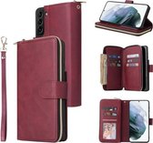 Voor Samsung Galaxy S21 + Rits Portemonnee Tas Horizontale Flip PU Lederen Case met Houder & 9 Kaartsleuven & Portemonnee & Lanyard & Fotolijst (Rode Wijn)
