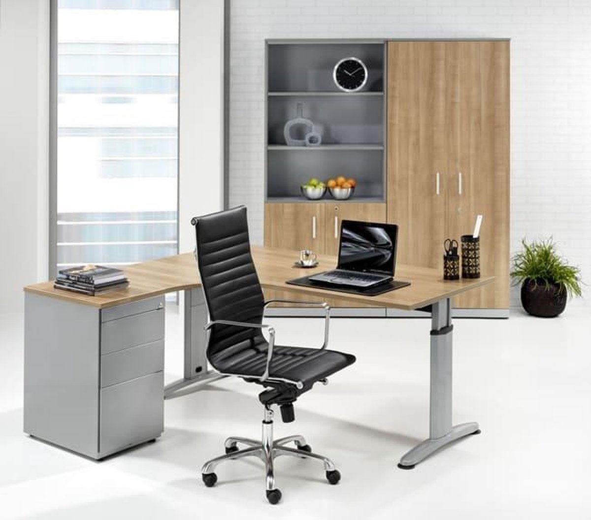 ABC Kantoormeubelen Hoogte verstelbare T-poot wingbureau Work breed 160CM diep 120CM bladkleur Robson Eiken framekleur Wit (RAL9010) wingzijde Rechts