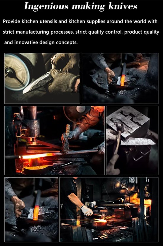 Collage van de handgemaakte messenproductie: smeden, polijsten en vormen.