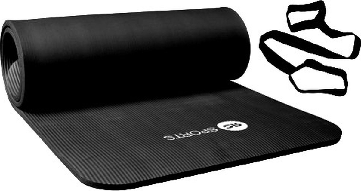 RS Sports Fitnessmat / trainingsmat NBR - zwart- 180 x 60 x 1,5cm - met draagkoord