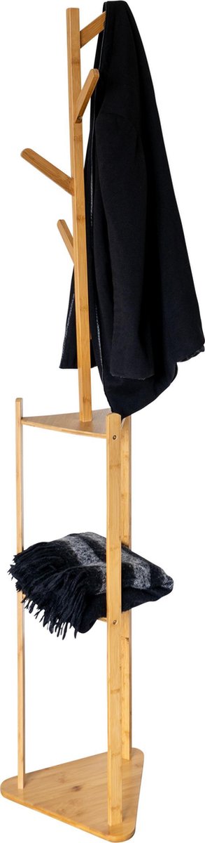 QUVIO Kapstok staand met legplanken / Kapstok / Staande kapstok / Garderoberek / Kapstokken / Kapstokhaak - 32,5 x 32,5 x 179 cm (lxbxh) - Lichtbruin