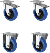 CASCOO SETTBFB125R4F1R0N rollenset 2 zwenkwielen met vastzetter - 2 bokwielen - polyamide - elastiek blauw - rubber - diameter 125 mm - rollager - transportwielen - draaglast 600 k