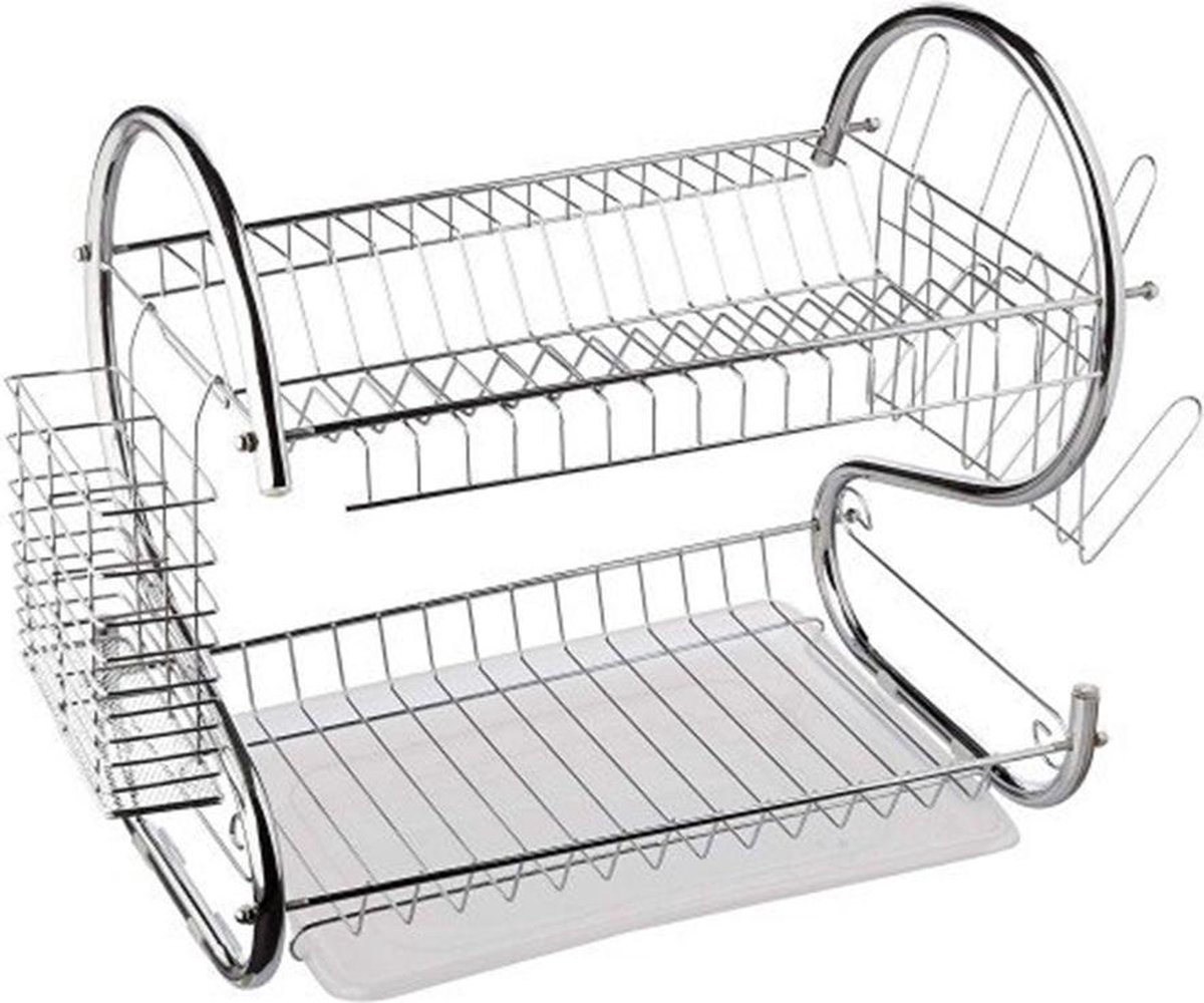 Goedkoopste Luxe Metalen Afdruiprek Met Lekbak - Afwas Druiprek Droogrek - Vaatwas Rek Met Bestekmand & Glazenrek - RVS - 2 Etages - Verchroomd