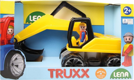 Gele en zwarte speelgoedgraafmachine met rode vrachtwagen ernaast, verpakt in karton met 'TRUXX LENA' en "spiel gut" logo.