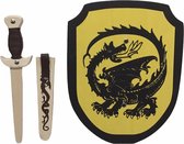 Houten Dolk met schede en ridderschild geel zwarte Draak schild zwaard ridder kinderzwaard