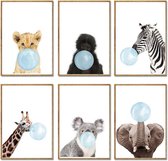 Safari Dieren met Kauwgombal Prints | A4 Formaat | 6 Stuks | Kinderkamer Decoratie Jongens Meisjes | Kinderkamer Posters | Kinder Wanddecoratie | Kinder Posters
