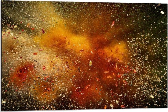 Dibond - Explosie van Oranje - 90x60cm Foto op Aluminium (Wanddecoratie van metaal)