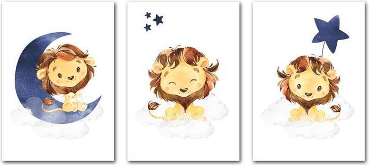 Cartoon Leeuw Prints | A4 Formaat | 3 Stuks | Kinderkamer Decoratie Jongens Meisjes | Kinderkamer Posters | Kinder Wanddecoratie | Kinder Posters