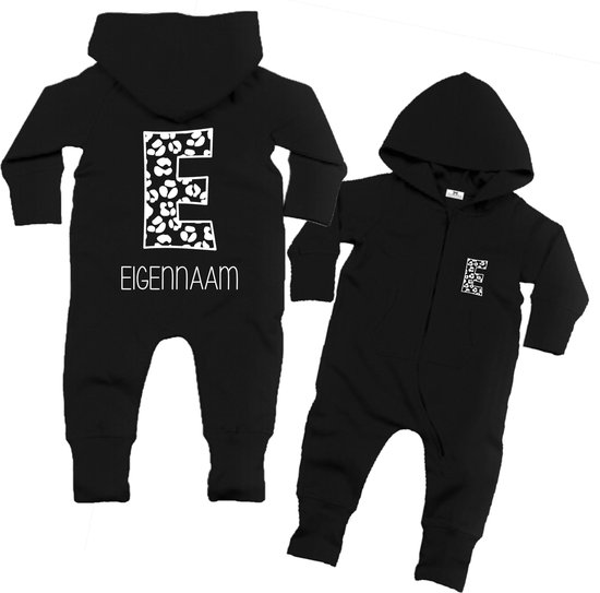 Onesie jongen-meisje-met voorletter kind leopard-zwart-wit-Maat 104/110