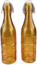 Trendy decoratie fles BEAULINDE - set van 2 - Glas - Oranje - Blok patroon - ⌀ 7 x h 27 cm