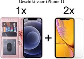 iPhone 11 hoesje bookcase roze rose goud - iPhone 11 hoesje bookcase wallet case portemonnee book case hoes cover - 2x iPhone 11 Screenprotector screen protector