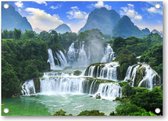 Grote waterval met bergen op de achtergrond - Tuinposter 90x60 - Wanddecoratie - Natuur