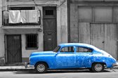 Tuinposter - Auto - Oldtimer - zwart / wit / blauw  - 160 x 240 cm.