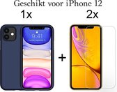 iPhone 12 hoesje donker blauw siliconen hoesjes cover hoes - 2x iPhone 12 Screenprotector