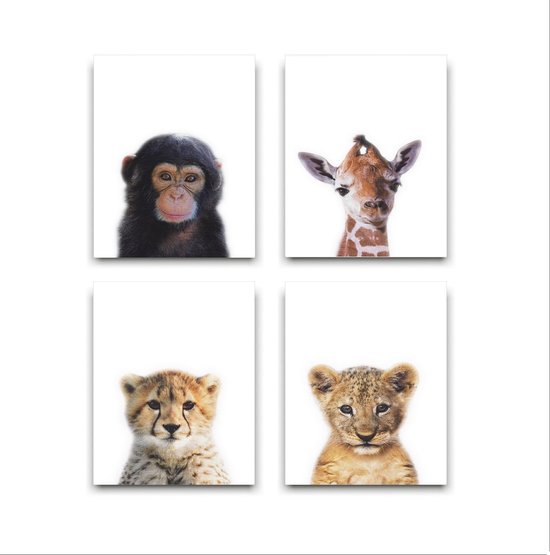 Schilderij Canvas Jungle Set 4 Baby Aapje Giraffe Cheeta Tijger - 4 Luik Kinderkamer - Dieren Doek - Babykamer / Kinder Doek - Babyshower Cadeau - Muurdecoratie - 50x40cm - FramedCity
