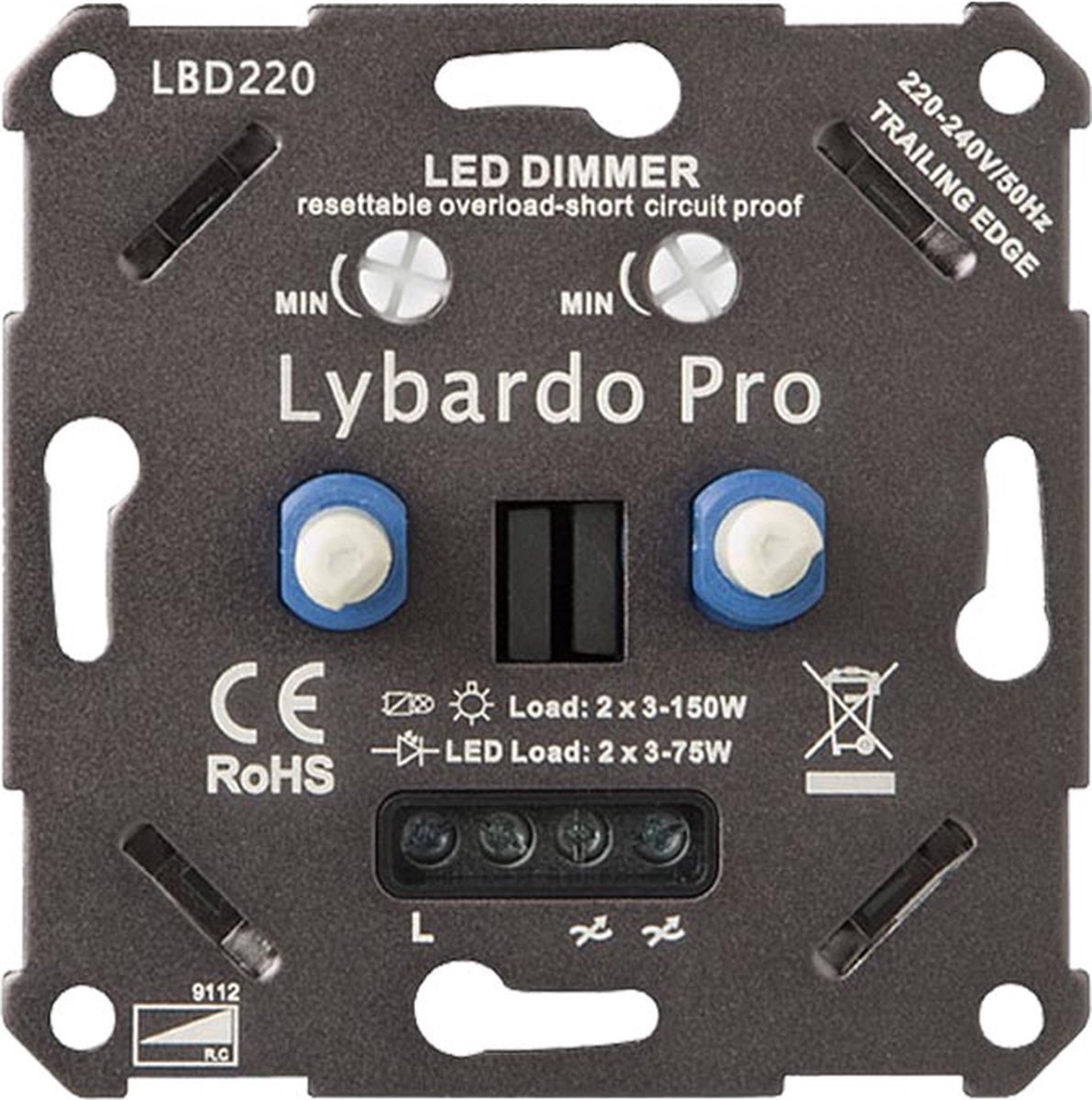 Lybardo ITEC 2 x 3-75W Pro LED Duo Dimmer - Fase Afsnijding - Universeel - Elektronische zekering - Inbouw - Lybardo
