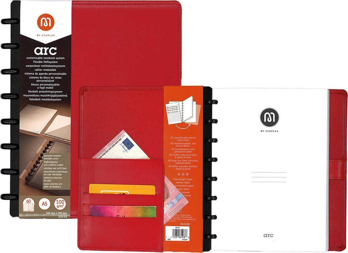 M by Staples - Notitieboek - ARC - A5 - lijn - Leather - Rood