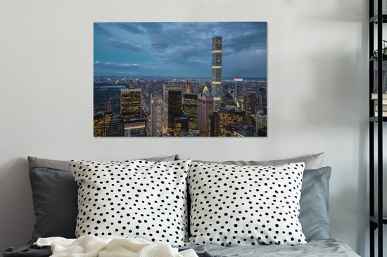 Canvas Schilderij Wolkenkrabber - Nacht - Architectuur - New York - 90x60 cm - Wanddecoratie