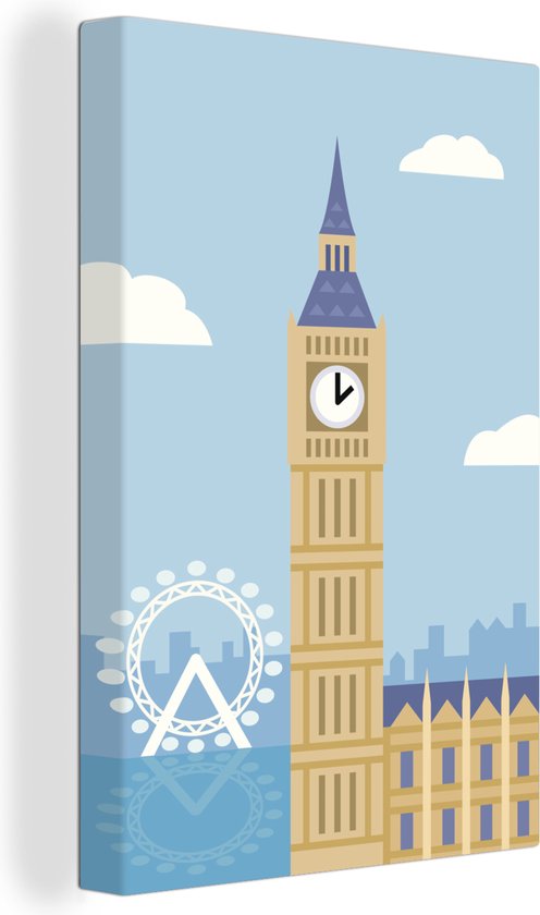 Illustration de Big Ben devant un fond bleu à côté du London Eye 20x30 cm - petit - Tirage photo sur toile (décoration murale salon / chambre)