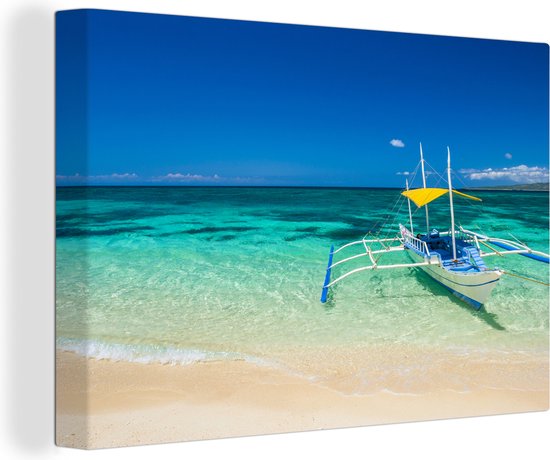 Canvas schilderij 140x90 cm - Wanddecoratie Gele boot voor het strand van Boracay in de Filipijnen. - Muurdecoratie woonkamer - Slaapkamer decoratie - Kamer accessoires - Schilderijen