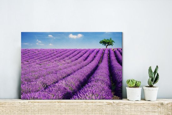 Canvas Schilderij Rollende lavendelheuvels met een boom - 30x20 cm - Wanddecoratie