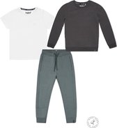 Koko Noko BIO Basics Set(3delig) Sweater Grey , Joggingbroek Groen en Wit shirt - Maat 122/128