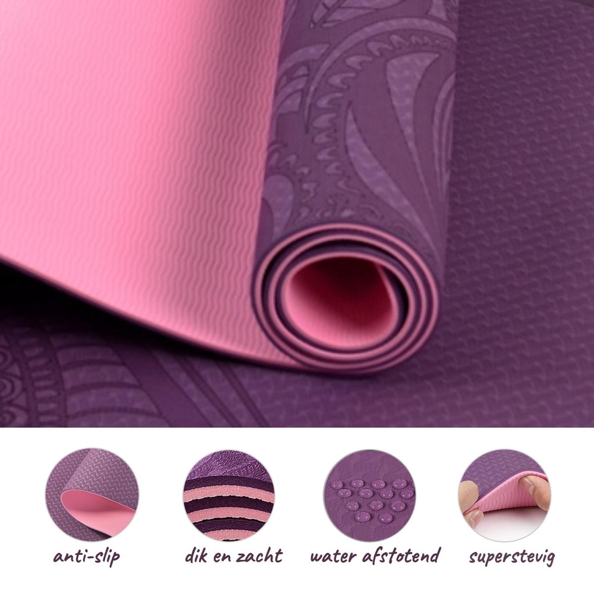 YoZenga Premium Mat Mandala Purple/Pink - Yoga Mat - Extra Dikke Antislip TPE Sportmat - Duurzaam & Lichtgewicht - Inclusief Draagriem thumbnail 5
