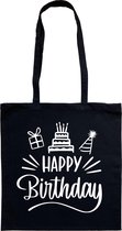 Tas - katoenen tas - Happy Birthday - bday - jarig - feest - lange hengsels - boodschappentas - big shopper - stuks 1 - zwart