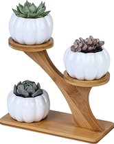 Luxe Bamboe Houten Boom met 3 Keramiek Bloempotten/Plantenpotten op Standaard/Voet voor Binnen en Buiten - Modern Design Bloempot/Plantenpot op Poten/Pootjes-Plantenbak Mini Cactus nep Plant 