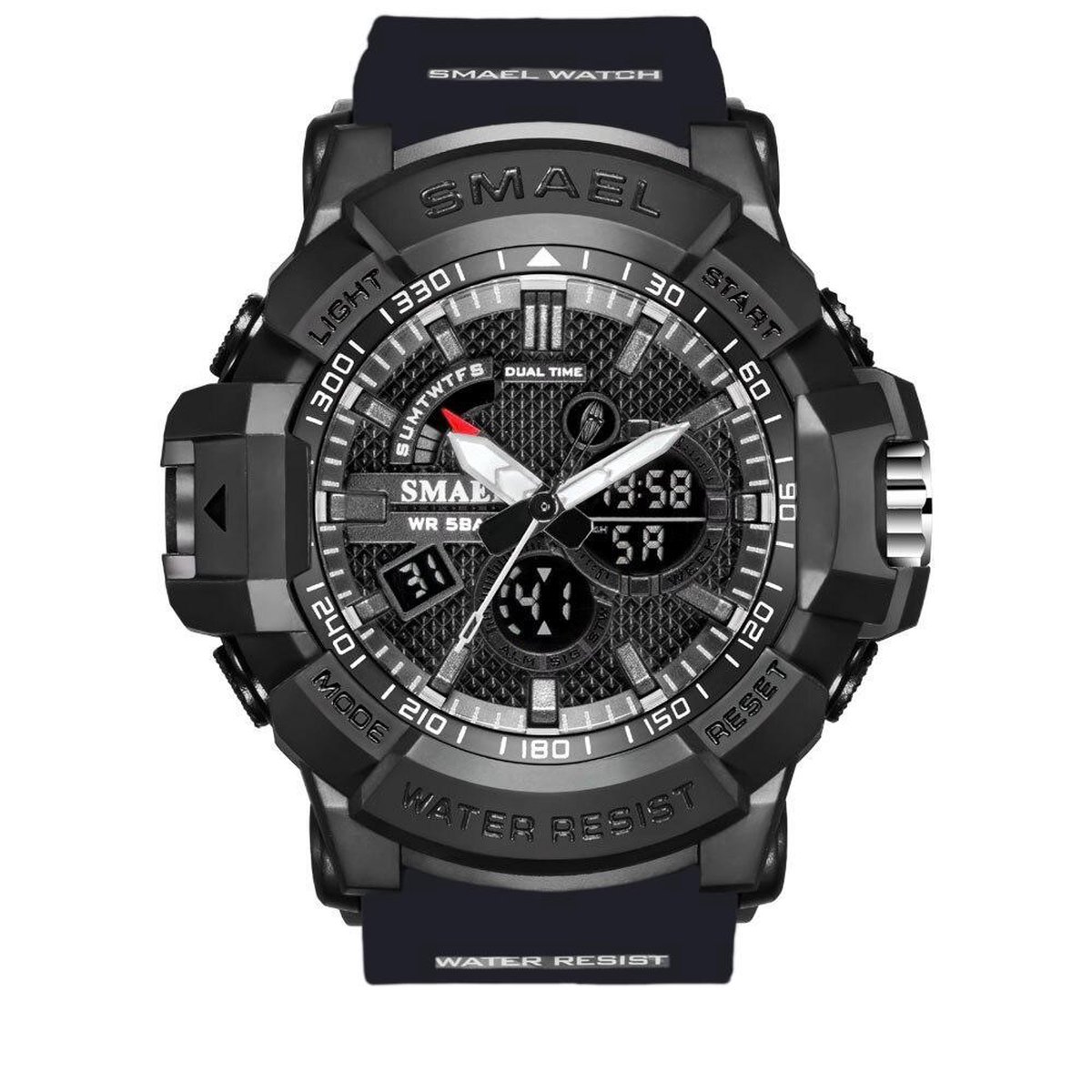 Heren Horloge Zwart met Zwarte Rubber band | Smael | Waterdicht |Glow in dark | Mud Master | Mudmaster | Shock | Leger | Grof | Licht | Rubberen band | Timer | Eyecatcher | Master| | kado| Cadeau