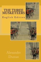Boekomslag 'The Three Musketeers' door Alexandre Dumas met illustraties van musketiers in uniform.