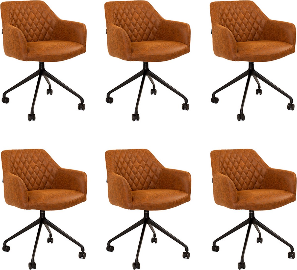 Bronx71® Eetkamerstoel met wieltjes Levi cognac eco-leer - Eetkamerstoelen set van 6 - stoel
