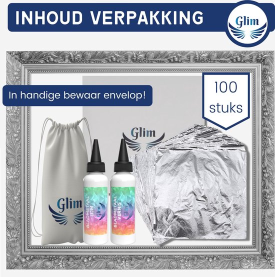 Inhoud verpakking: 100 vellen zilveren bladmetaal in bewaar-envelop, een bewaarzakje, 30ml lijm en 30ml vernis van Glim.