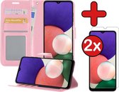 Samsung A22 4G Hoesje Book Case Met 2x Screenprotector - Samsung Galaxy A22 4G Hoesje Wallet Case Portemonnee Hoes Cover - Licht Roze