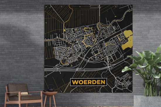 Poster de Jardin Carte - Woerden - Or - Zwart - 200x200 cm - Toile de jardin - Affiche extérieure