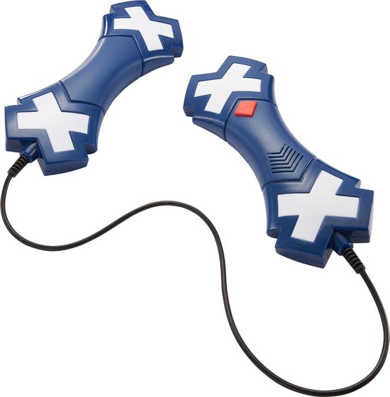 Manettes de jeu bleues avec des accents blancs et rouges en forme de croix, reliées par un fil.