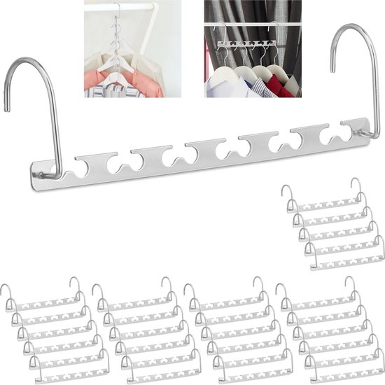 Relaxdays ruimtebesparende kledinghangers, set van 5, voor meerdere kledingstukken, antislip kleerhangers, zilver/zwart