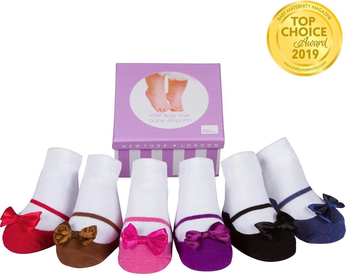 ELEGANCE: doosje met 6 paar baby sokjes die op schoentjes lijken-voor baby meisje 0-12 maanden-Satijnen Strikje-Anti slip zooltjes-Kraamcadeau-Baby shower