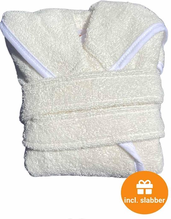 Babybadjas met capuchon - roomwit -ecru - baby badjas gender neutraal - baby badjas meisje - baby badjas jongen - kraamcadeau - 100% badstof katoen - incl. slabbetje - luxe baby badjas mét roomwitte bies - maat 0-12 mnd (80) van Bebe Jou — afbeelding 3