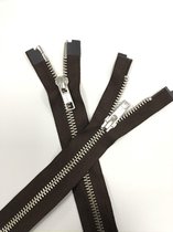 YKK rits, Dubbel Deelbaar metaal zilver tanden rits 65 cm Donkerbruin.