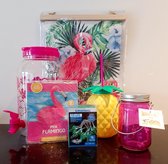 Tropical Zomer pakket Limonade tap 'Roze', Wanddoek flamingo, lichtsnoer cactus, light jar, drijvende drinkhouder, drinkbeker met rietje ananas