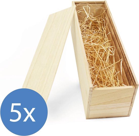 Houten wijnkist met schuifdeksel, gevuld met houtsnippers. 5 stuks.