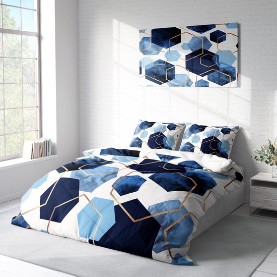 Nice Dreams - Dekbedovertrek - Hexagon Blauw Goud - 1-persoons 140 x 220 cm  | bol.com