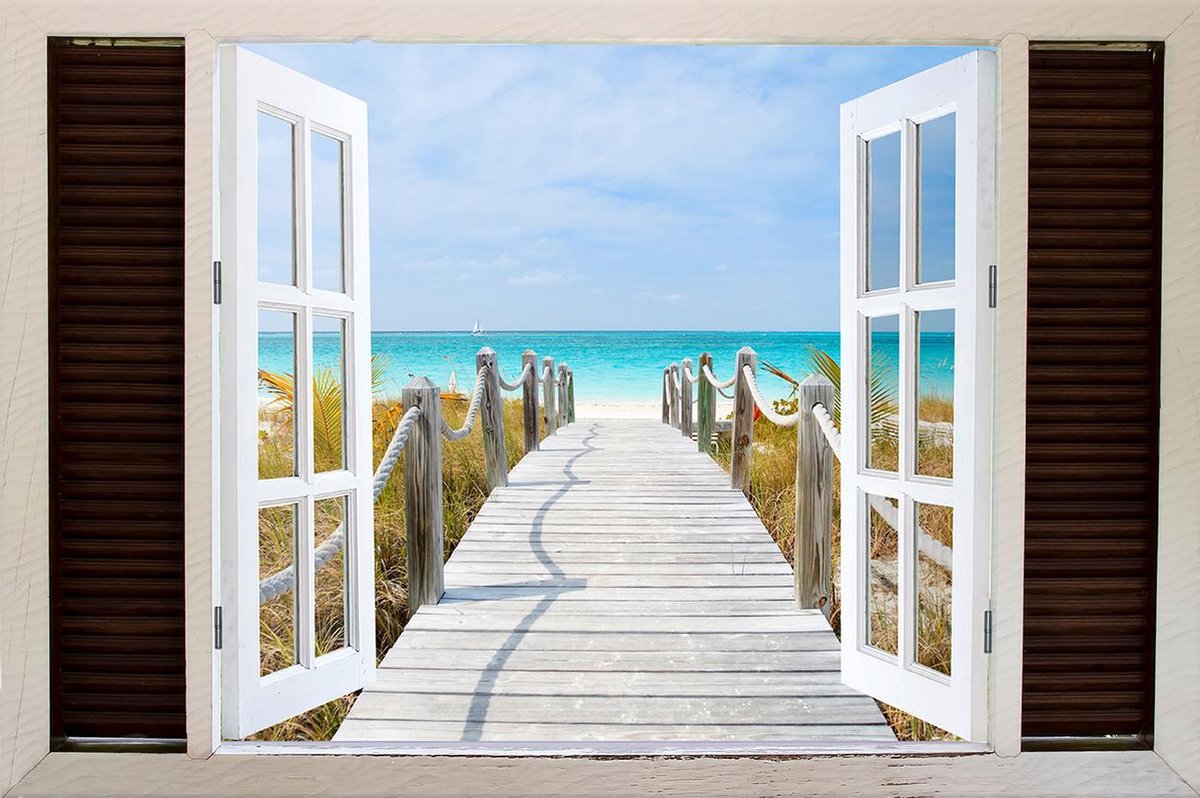 Tuindoek doorkijk openslaand venster naar een Tropisch / Eiland / Strand - 150x100cm - tuinposter - tuinposter doorkijkje – Doorkijk tuinposter - tuinposter doorkijk XL – Tuinposter Voor Buiten