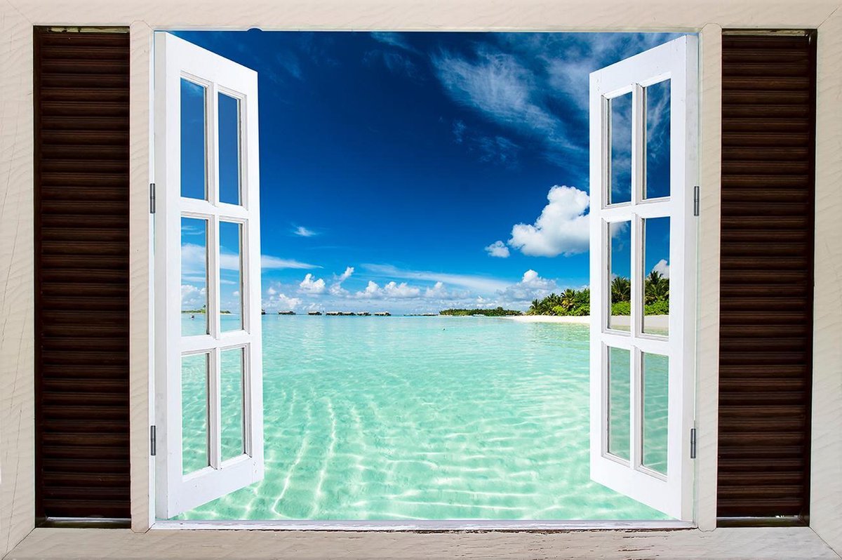 Tuindoek doorkijk openslaand venster naar een Tropisch / Eiland / Strand - 150x100cm - tuinposter - tuinposter doorkijkje – Doorkijk tuinposter - tuinposter doorkijk XL – Tuinposter Voor Buiten