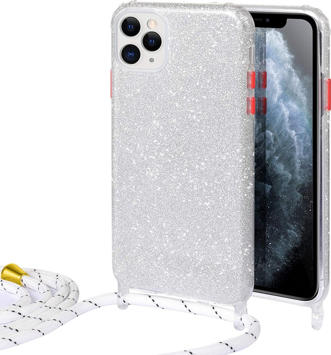 HB Hoesje Geschikt voor Apple iPhone 12 Pro Max - Zilver - Glitter Back Cover met Koord