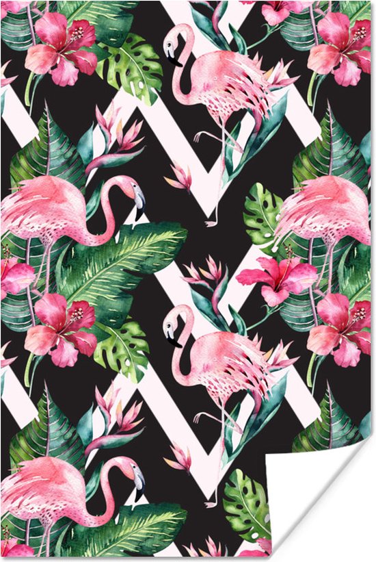 Patroon van flamingo's en bladeren en bloemen tegen een zwarte achtergrond met witte lijnen