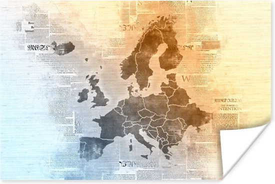 Europakaart in oranje en blauw op krantenpapier 60x40 cm - Foto print op Poster (wanddecoratie woonkamer / slaapkamer)