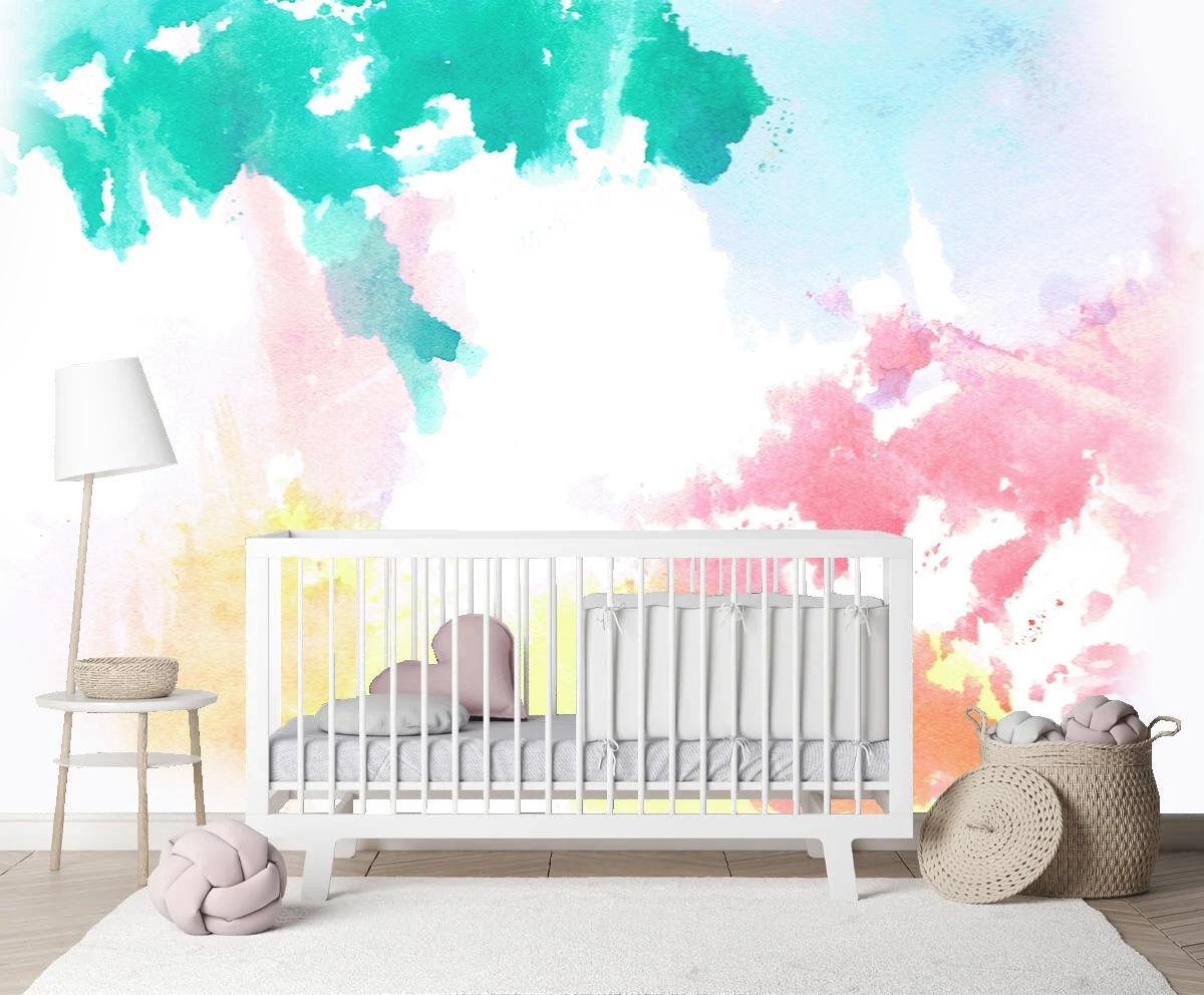 Behang aquarel spetters regenboog